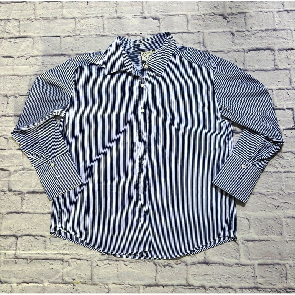 Women's Blue/White Striped Cotton Dress Shirt Long Sleeve Button Front M 34/35